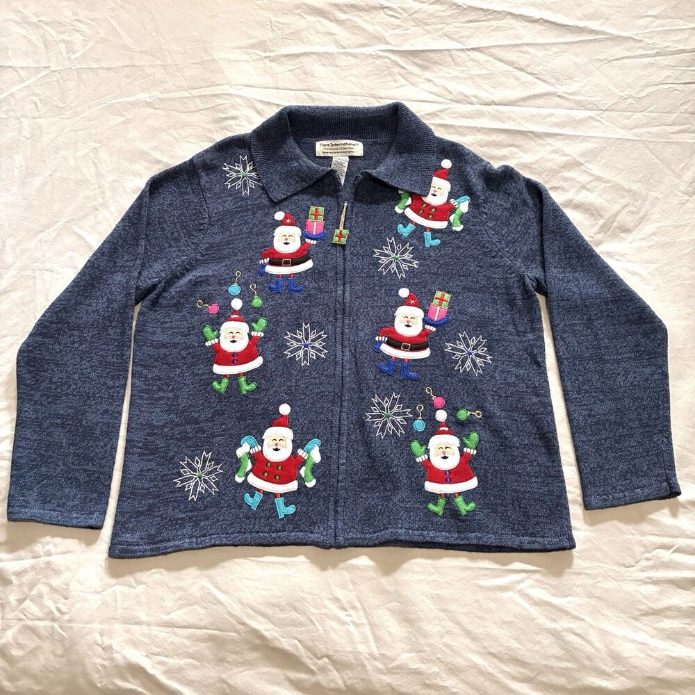 Tiara International Sweater Christmas Cardigan XL Blue Santa Claus Full Zip